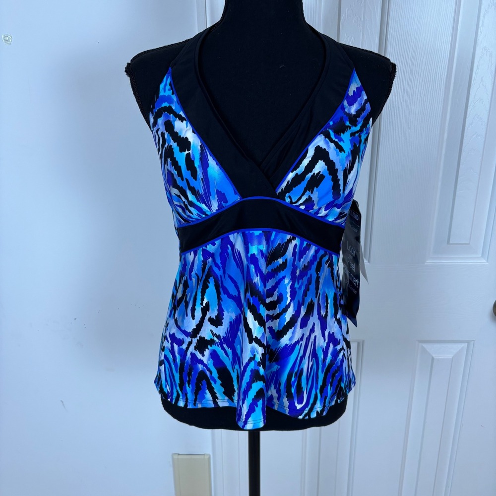 Kirkland Signature Miraclesuit Swim Tankini Top Blue Black Print Size 10‎ NWT